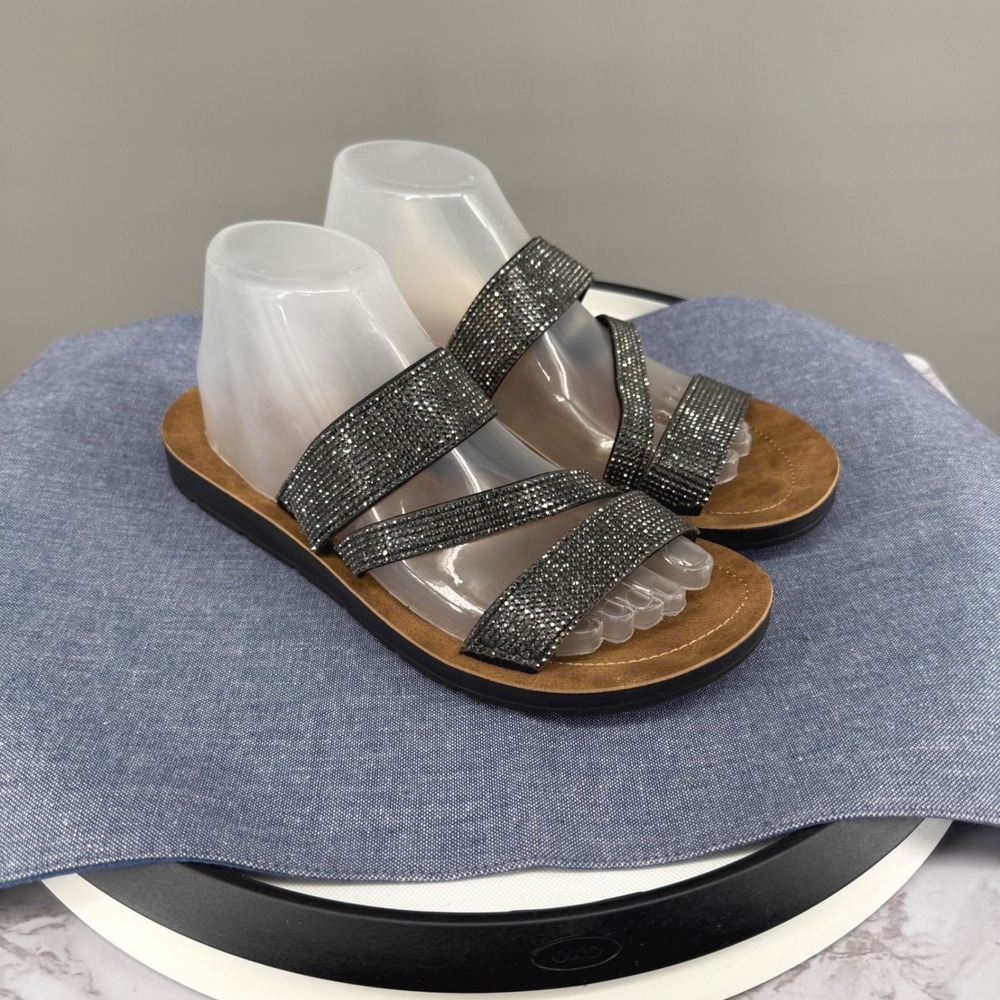 Corkys Kaplan Sparkle Glitzy Sandals Wmn 8 Charcoal Grey Rhinestone Slides Flat